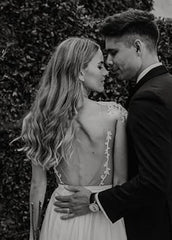 A-Line Cap Sleeve Long Backless Wedding Dresses with Appliques