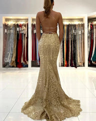 ClassicGold Appliques Lace Mermaid Evening Dress Long Spaghetti-Straps