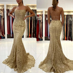 ClassicGold Appliques Lace Mermaid Evening Dress Long Spaghetti-Straps