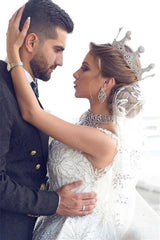 Classy Ball Gown Wedding Dress with Cap Sleeves and Beadings