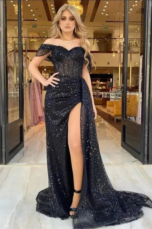 Classy Black Off-the-Shoulder Sequins Evening Dress Slit Long With Ruffle