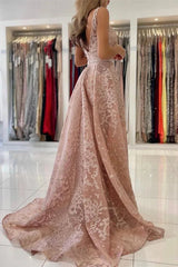 Classy Dusty Pink V-Neck Evening Dress Sleeveless Lace Appliques Overskirt