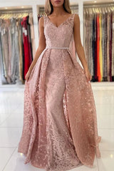 Classy Dusty Pink V-Neck Evening Dress Sleeveless Lace Appliques Overskirt