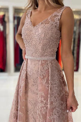 Classy Dusty Pink V-Neck Evening Dress Sleeveless Lace Appliques Overskirt