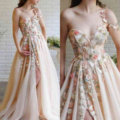 Classy One Shoulder Prom Dress in Tulle with Flowers Split