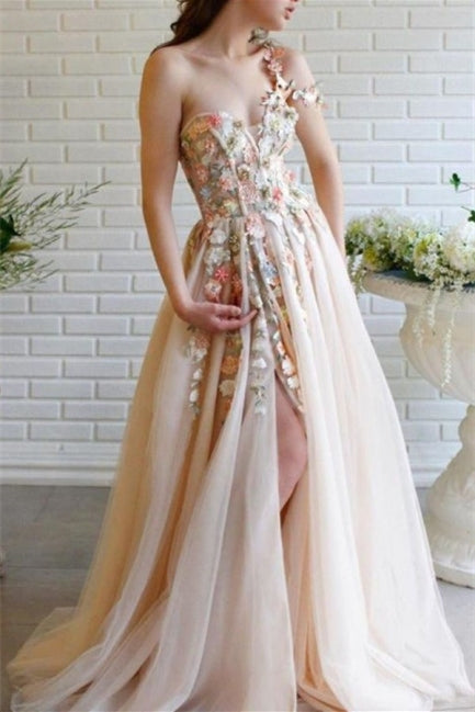 Classy One Shoulder Prom Dress in Tulle with Flowers Split