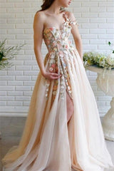 Classy One Shoulder Prom Dress in Tulle with Flowers Split