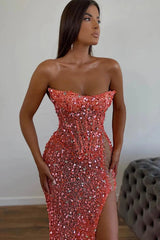 Classy Strapless Sequins Mermaid Evening Dress Long Split Online