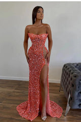 Classy Strapless Sequins Mermaid Evening Dress Long Split Online