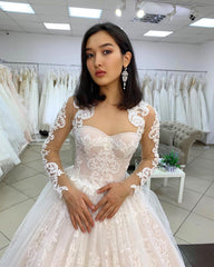 Classy Sweetheart Long Sleeve Lace Backless Tulle Wedding Dress with Appliques
