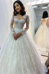Classy Sweetheart Long Sleeve Lace Backless Tulle Wedding Dress with Appliques