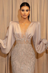 Classy V-Neck Evening Dress with Long Sleeves and Beadings