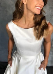 Medison | Pure White Satin Sleeveless Bridal Dresses with Pockets