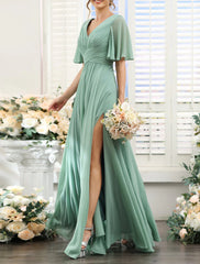 A-Line Bridesmaid Dress V Neck Short Sleeve Elegant Floor Length Chiffon