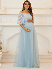 A-Line Mother of the Bride Dress Maternity Elegant Off Shoulder Floor Length Lace Tulle Sleeveless with Tier Beautiful