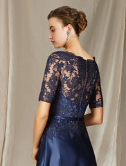 Aimishang A-Line Mother of the Bride Dress Plus Size Elegant Jewel Neck Floor Length Lace Charmeuse Short Sleeve with Bow(s) Appliques