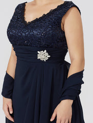 Aimishang A-Line Mother of the Bride Dress Classic & Timeless Plus Size Wrap Included V Neck Knee Length Chiffon Lace Sleeveless yes with Ruched Crystal Brooch