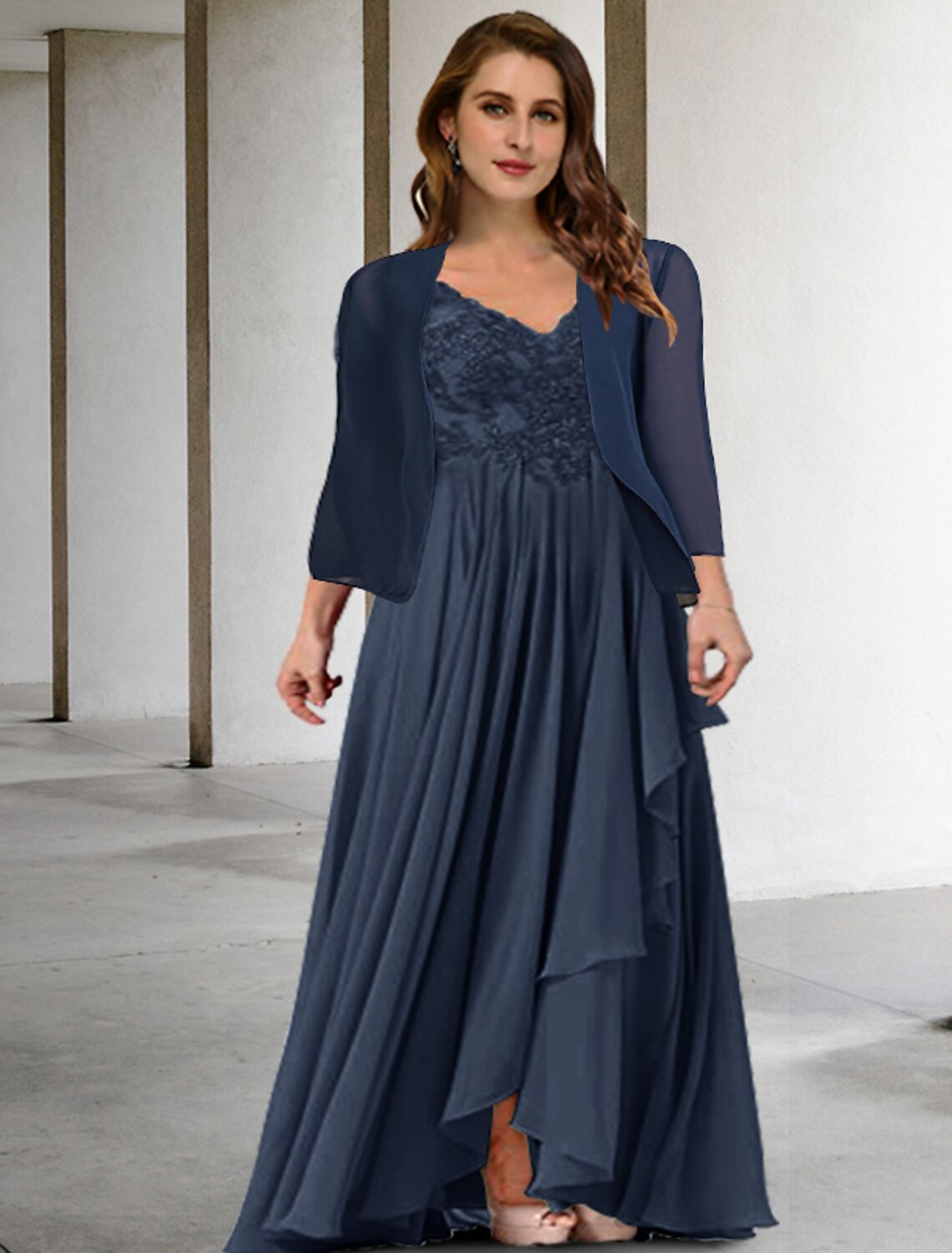 Aimishang Two Piece A-Line Mother of the Bride Dresses Plus Size Hide Belly Curve Elegant Dress Formal Floor Length Half Sleeve V Neck Chiffon with Pleats Appliques