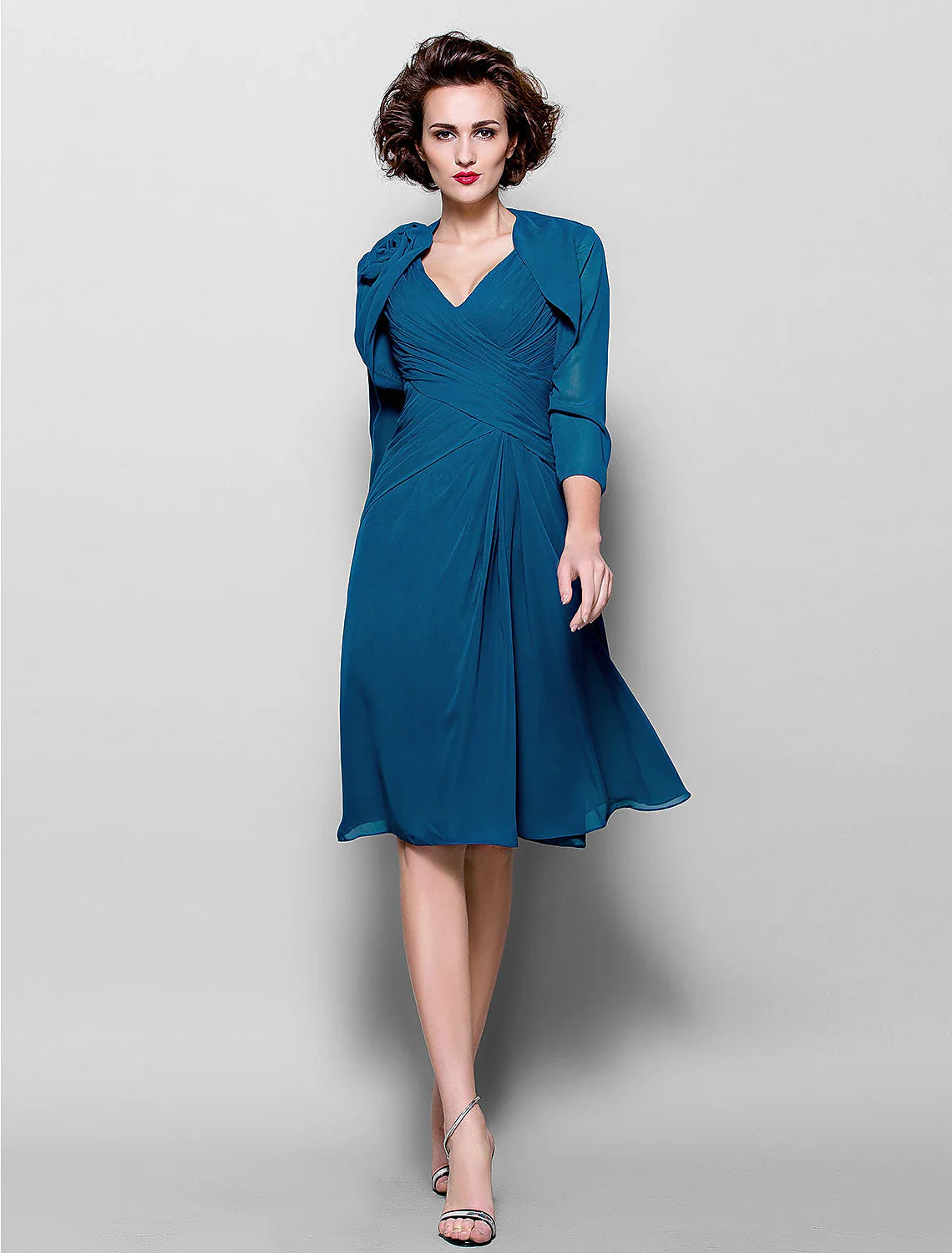 Aimishang  A-Line Mother of the Bride Dress Wrap Included V Neck Knee Length Chiffon 3/4 Length Sleeve with Criss Cross Side Draping Flower