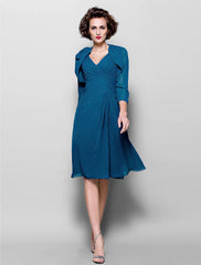 Aimishang  A-Line Mother of the Bride Dress Wrap Included V Neck Knee Length Chiffon 3/4 Length Sleeve with Criss Cross Side Draping Flower