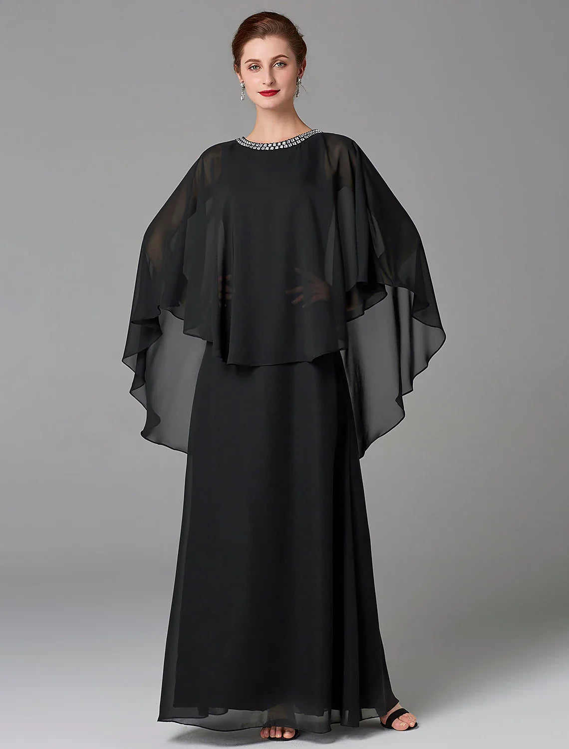 Aimishang  A-Line Mother of the Bride Dress Wedding Guest Plus Size Elegant Jewel Neck Floor Length Chiffon Sleeveless with Beading Fall