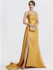 Aimishang A-Line Evening Gown Sparkle Dress Wedding Prom Sweep / Brush Train Sleeveless Spaghetti Strap Satin with Rhinestone Ruched
