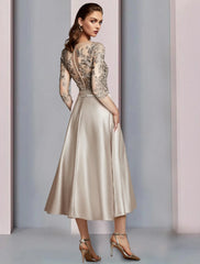 Aimishang  A-Line Mother of the Bride Dress Wedding Guest Elegant V Neck Tea Length Satin Lace Half Sleeve with Pleats Appliques