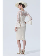 Aimishang  Sheath / Column Mother of the Bride Dress Vintage Plus Size Elegant Jewel Neck Knee Length Satin Lace Long Sleeve with Lace