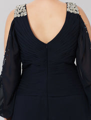 Aimishang  Sheath / Column Mother of the Bride Dress Plus Size Elegant High Low V Neck Asymmetrical Chiffon Stretch Satin Long Sleeve with Criss Cross Crystals
