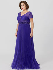 Aimishang Princess Mother of the Bride Dress Elegant & Luxurious Glamorous & Dramatic Plus Size V Neck Floor Length Organza Short Sleeve No with Pleats Beading Appliques