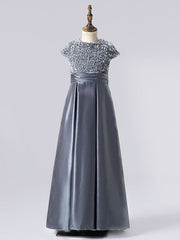 Column Cap Sleeve Jewel Neck Satin Flower Girl Dress with Pleats