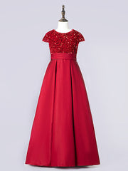 Column Cap Sleeve Jewel Neck Satin Flower Girl Dress with Pleats