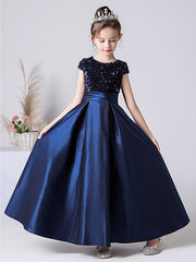 Column Cap Sleeve Jewel Neck Satin Flower Girl Dress with Pleats