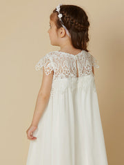 Column Short Sleeve Scoop Neck Lace Flower Girl Dresses