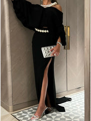 A-Line Evening Gown Elegant Dress Formal Sweep / Brush Train Black Dress Long Sleeve Off Shoulder Satin with Pearls Slit
