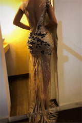 Cool Gold Sequins One Shoulder Sexy Appliques Sheer Tulle Prom Dress