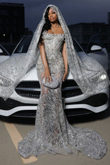 Cool Silver Strapless Sheath Lace Sparkle Floor length Prom Dresses