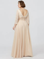 Aimishang  Sheath / Column Mother of the Bride Dress Formal Classic & Timeless Elegant & Luxurious Plus Size Square Neck Floor Length Chiffon Metallic Lace 3/4 Length Sleeve No with Sash / Ribbon Flower
