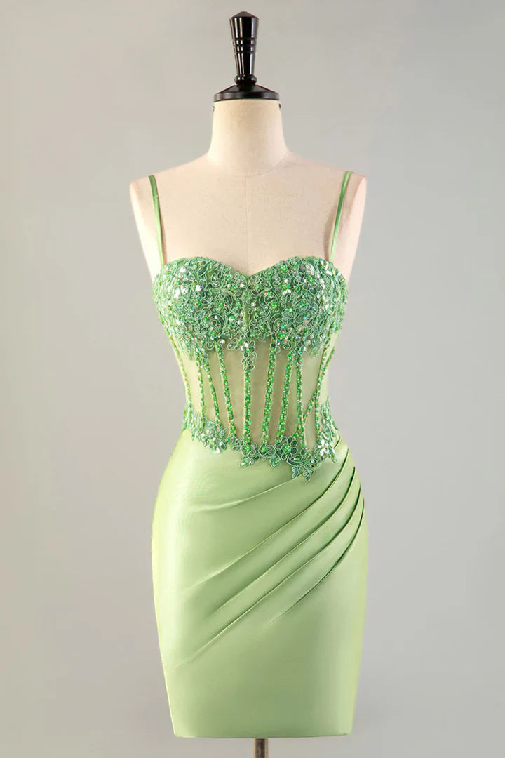 Fitted green transparent tight corset bead back to school dress