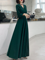 A-Line Evening Gown Minimalist Dress Prom Formal Evening Floor Length Long Sleeve V Neck  Fabric with Sash / Ribbon