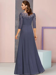 A-Line Mother of the Bride Dress Formal Elegant Jewel Neck Floor Length Chiffon Lace 3/4 Length Sleeve with Sequin