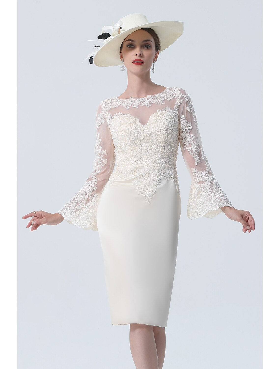 Aimishang  Sheath / Column Mother of the Bride Dress Vintage Plus Size Elegant Jewel Neck Knee Length Satin Lace Long Sleeve with Lace