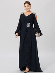 Aimishang  Sheath / Column Mother of the Bride Dress Plus Size Elegant High Low V Neck Asymmetrical Chiffon Stretch Satin Long Sleeve with Criss Cross Crystals