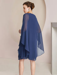 Aimishang A-Line Mother of the Bride Dress Wedding Guest Elegant Petite Jewel Neck Knee Length Chiffon Long Sleeve with Crystals Ruffles