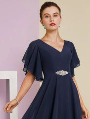 Aimishang  A-Line Mother of the Bride Dress Formal Fall Wedding Guest Elegant V Neck Tea Length Chiffon Lace Short Sleeve with Appliques Crystal Brooch