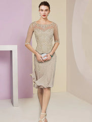 Aimishang  Two Piece Mermaid / Trumpet Mother of the Bride Dress Formal Wedding Guest Vintage Elegant Scoop Neck Knee Length Chiffon Lace Half Sleeve Jacket Dresses with Pleats Appliques