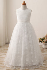 Cute A-line Jewel Sleeveless Floor Length Flower Girl Dress with Lace & Ribbons