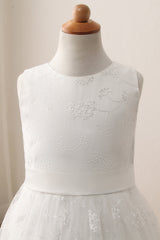Cute A-line Jewel Sleeveless Floor Length Flower Girl Dress with Lace & Ribbons