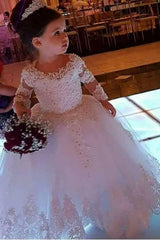 Cute Long Sleeve Ball Gown Flower Girl Dress with Lace Appliques