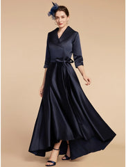 Aimishang  A-Line Mother of the Bride Dress Wedding Guest Elegant V Neck Ankle Length Satin Half Sleeve with Sash / Ribbon Ruching Solid Color
